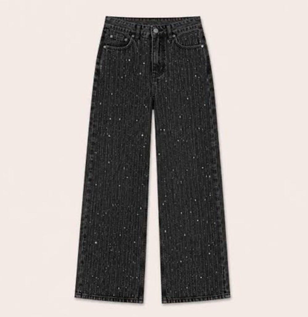 Zara Rhinestone Embellished Black Denim Jeans Size 4 Sparkly Wide Leg Glam EUC